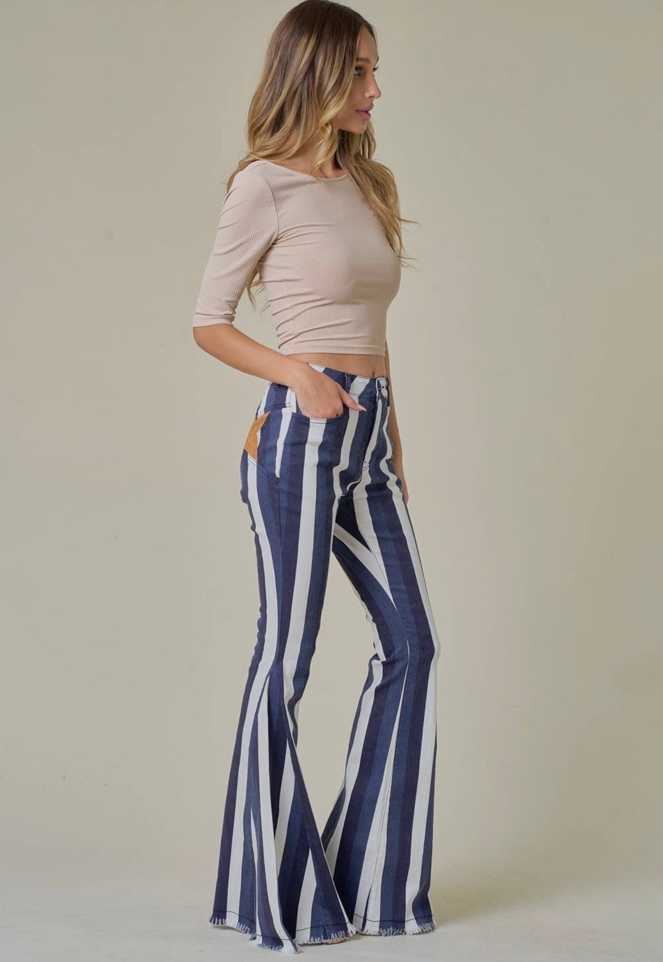 Star Suede Patch & Stripe Bellbottom Jeans