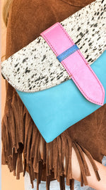 Load image into Gallery viewer, The Barbara Leather and hair on hide crossbody - blue/pink
