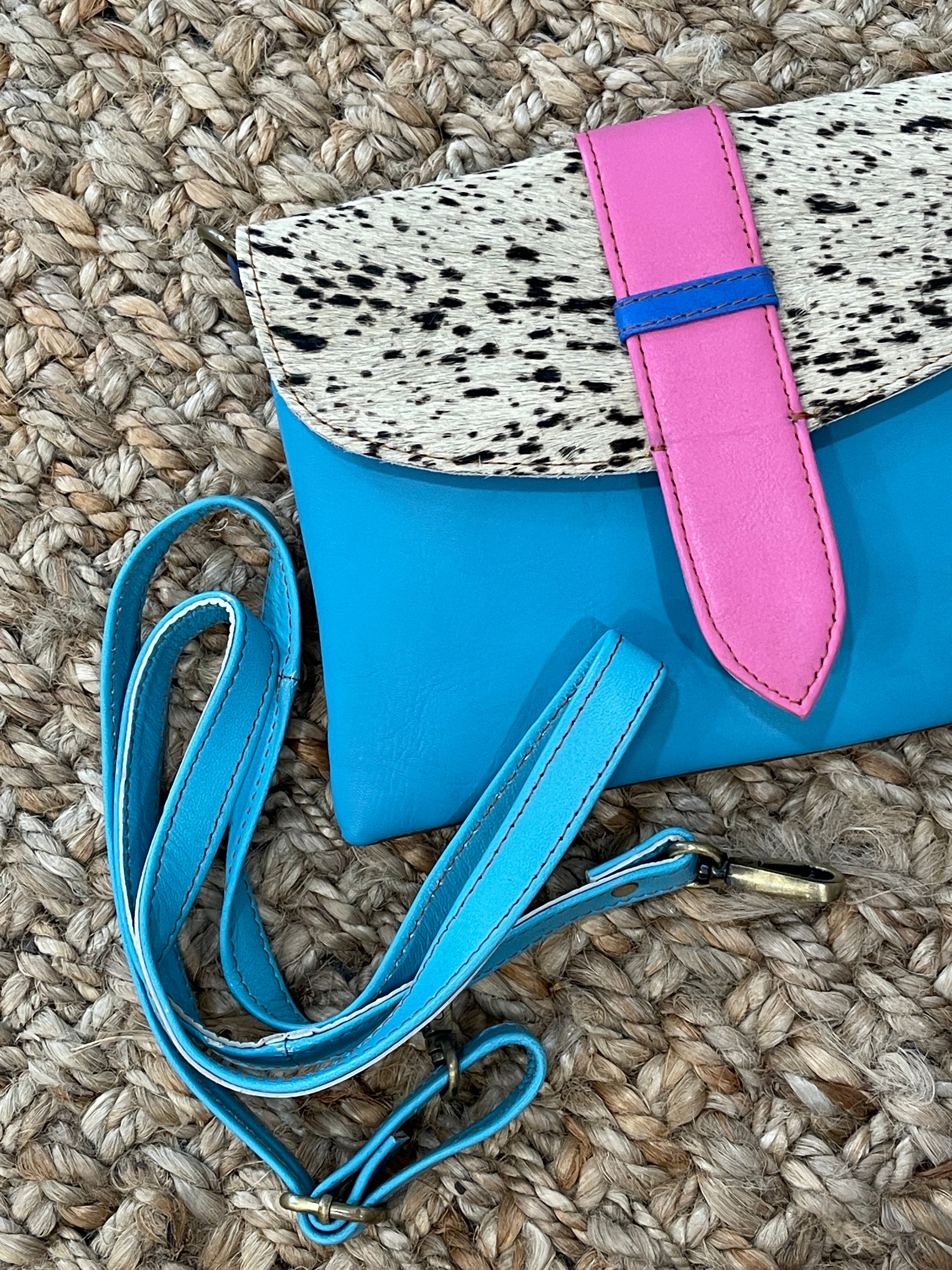 The Barbara Leather and hair on hide crossbody - blue/pink