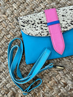 Load image into Gallery viewer, The Barbara Leather and hair on hide crossbody - blue/pink
